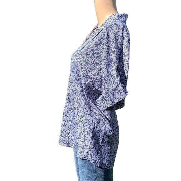 Michael Kors Womens Blouse Top Floral Silky V Neck Pullover Blue White Small - Picture 2 of 6